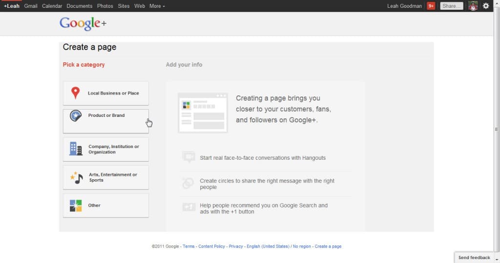 Google+ Page - product or brand Google Plus page - Category?