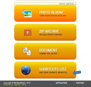 choose create shortcut list create a browser app