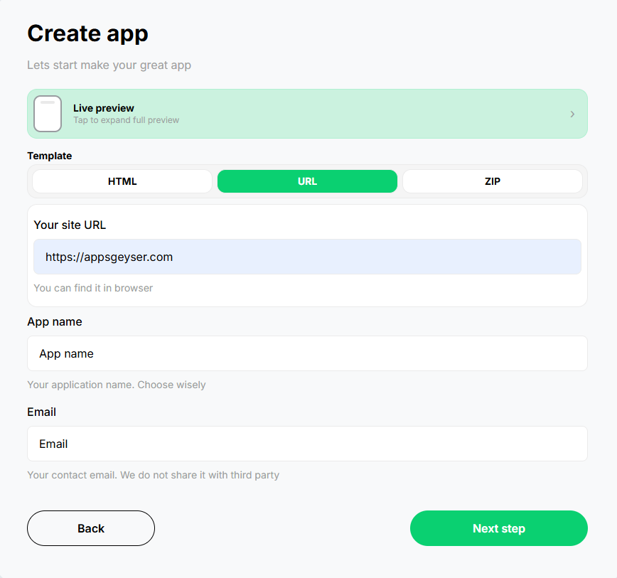 AppsGeyser create app screen