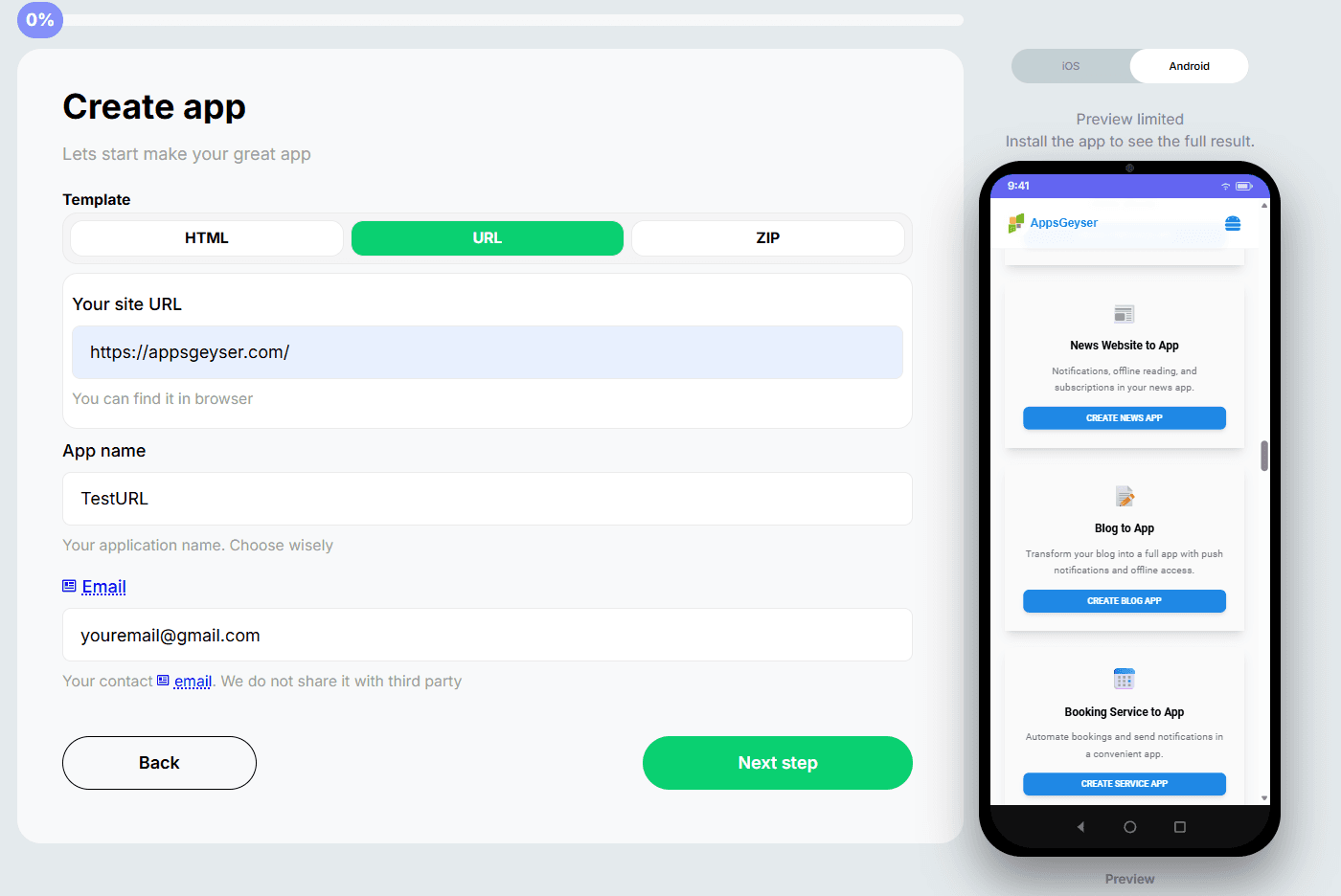 AppsGeyser create app URL screen