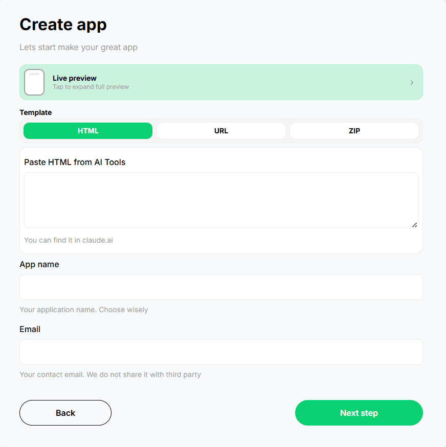 URL, HTML, or ZIP import screen
